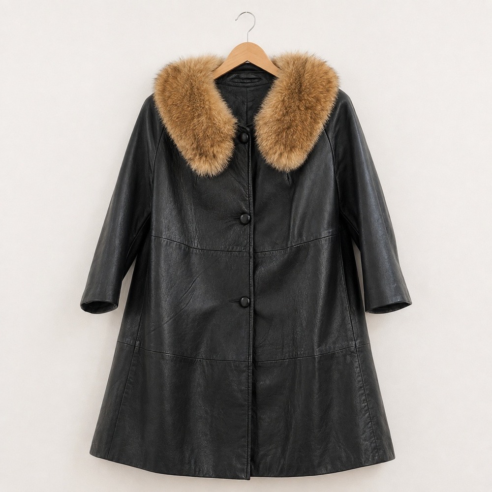 VTG Peter Caruso Mob Wife Leather Fur Collar Coat Womens XL Vintage Glam Luxury